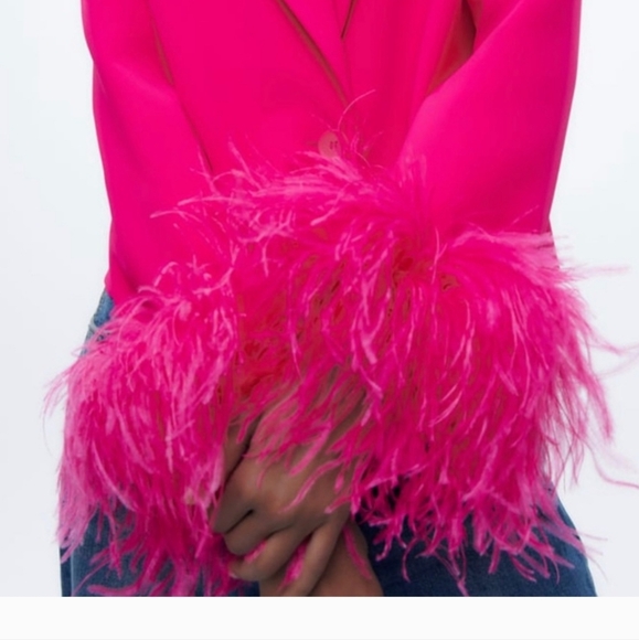 ZARA CROPPED BLAZER WITH FEATHERS NEON FUCHSIA NEW - Picture 3 of 5